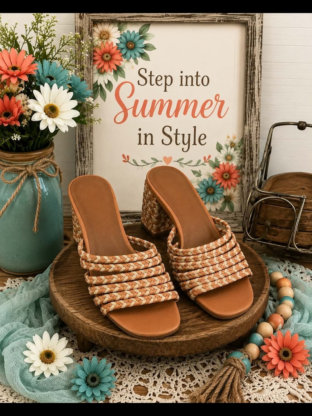 Braided Tan Slide Sandals for Women